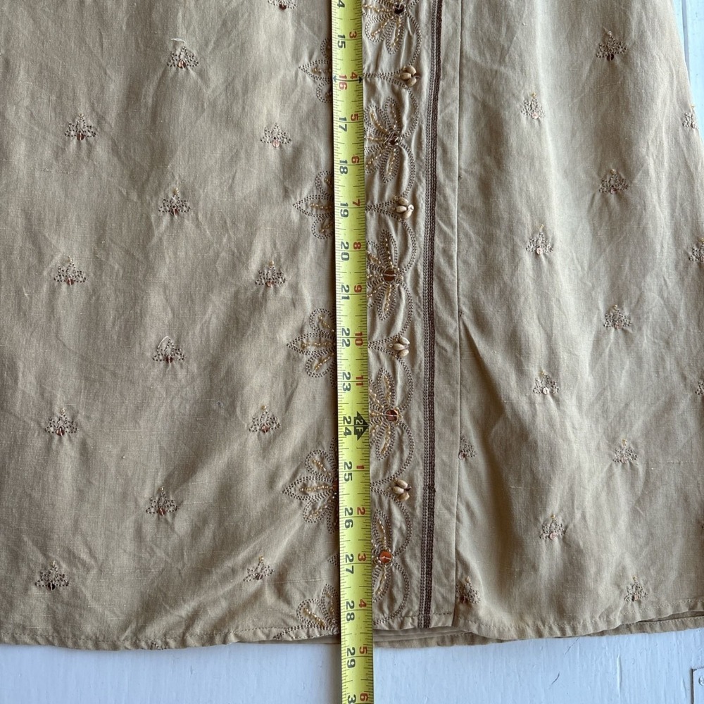 Vintage Womens 10 Silk Linen Midi Skirt Tan Embroidered Beaded Sequin A-Line - Picture 10 of 10